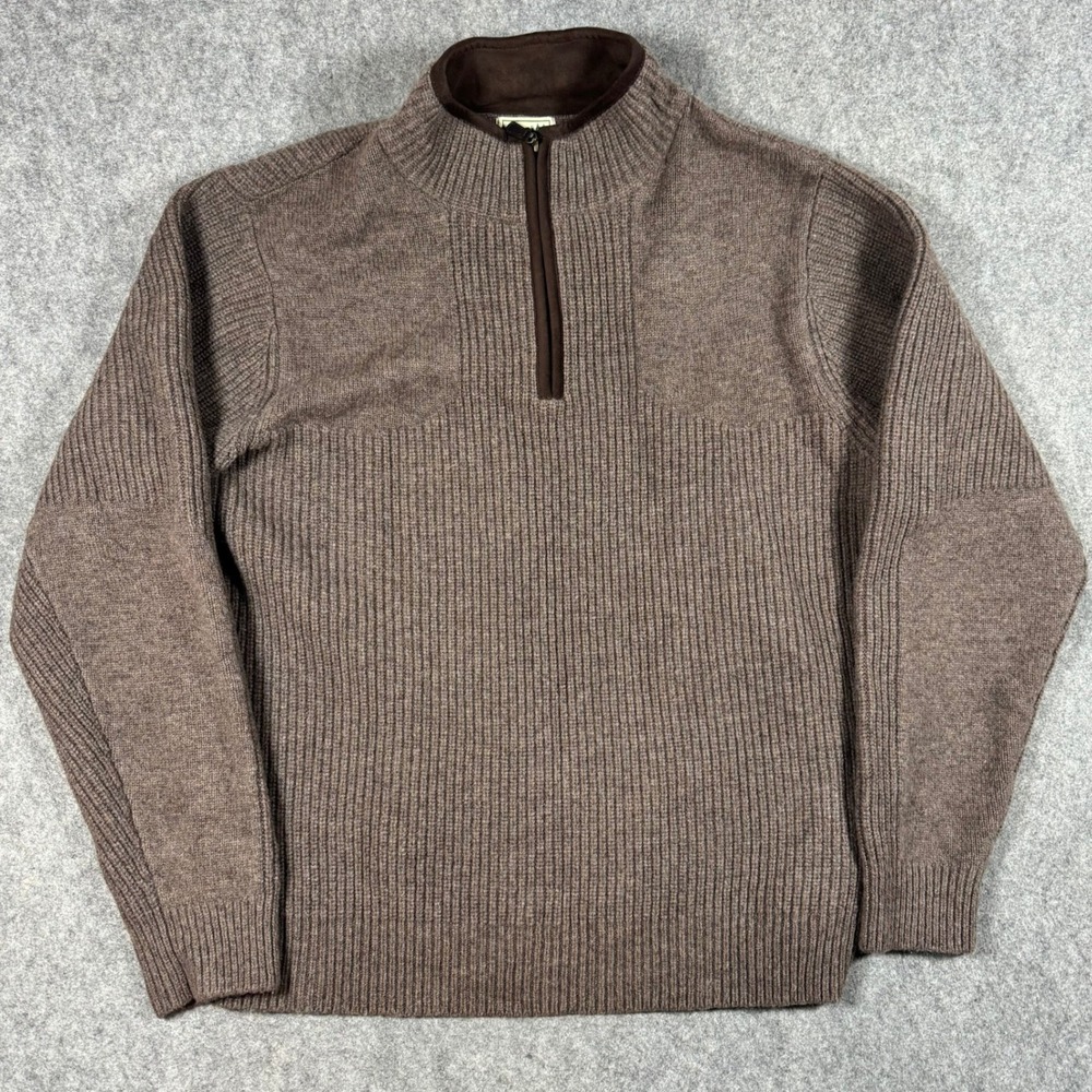 L.L.Bean Sweater Mens M Brown Waterfowl Merino Lambswool Quarter Zip Ribbed Knit